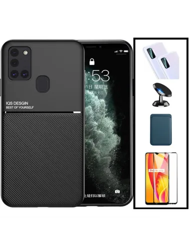 Kit Capa Magnetic Lux + Magnetic Wallet Azul + Vidro + Película de Câmara + Suporte Magnético para Samsung Galaxy M30s