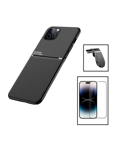 Kit Capa Magnetic Lux + 5D Full Cover + Suporte Magnético L Safe Driving para Apple iPhone 15 - Preto