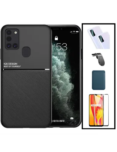 Kit Capa Magnetic Lux + Magnetic Wallet Azul + Vidro + Película de Câmara + Suporte L para Samsung Galaxy M30s