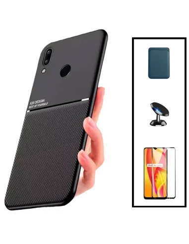 Kit Capa Magnetic Lux + Magnetic Wallet Azul + Vidro Full Cover + Suporte Magnético para Huawei P Smart 2019