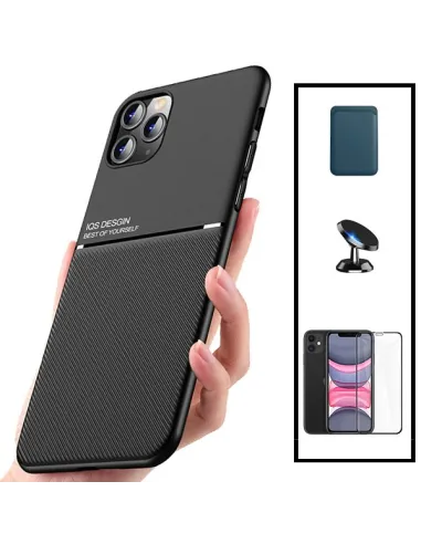 Kit Capa Magnetic Lux + Magnetic Wallet Azul + Vidro Full Cover + Suporte Magnético para iPhone 11 Pro