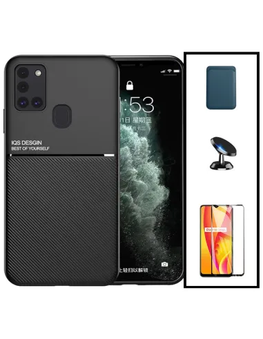 Kit Capa Magnetic Lux + Magnetic Wallet Azul + Vidro Full Cover + Suporte Magnético para Samsung Galaxy M30s