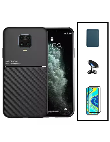 Kit Capa Magnetic Lux + Magnetic Wallet Azul + Vidro Full Cover + Suporte Magnético para Xiaomi Redmi Note 9 Pro