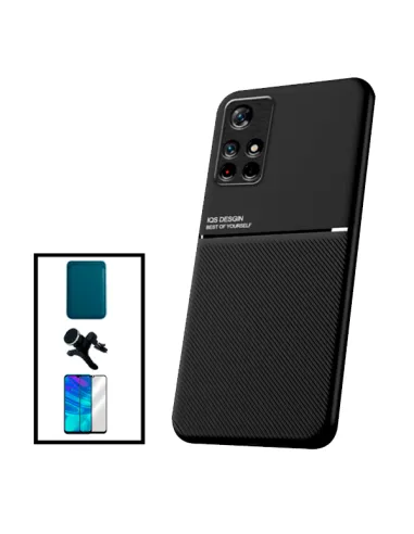 Kit Capa Magnetic Lux + Magnetic Wallet Azul + Vidro + Suporte Magnético Reforçado para Xiaomi Poco M4 Pro 5G