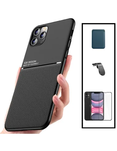 Kit Capa Magnetic Lux + Magnetic Wallet Azul + Vidro Full Cover + Suporte Magnético L para iPhone 11 Pro