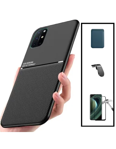 Kit Capa Magnetic Lux + Magnetic Wallet Azul + Vidro Full Cover + Suporte Magnético L para OnePlus 8T