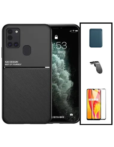 Kit Capa Magnetic Lux + Magnetic Wallet Azul + Vidro Full Cover + Suporte Magnético L para Samsung Galaxy M30s