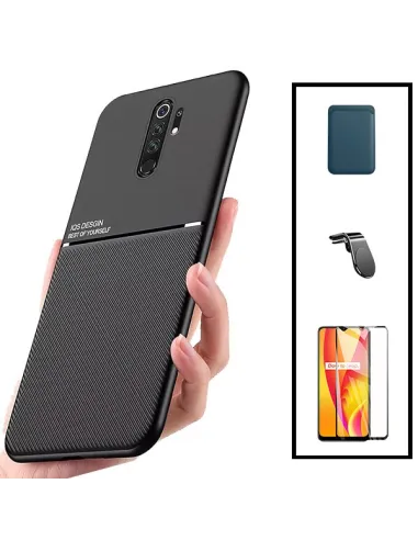 Kit Capa Magnetic Lux + Magnetic Wallet Azul + Vidro Full Cover + Suporte Magnético L para Xiaomi Redmi 9