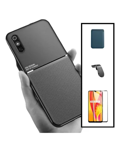 Kit Capa Magnetic Lux + Magnetic Wallet Azul + Vidro Full Cover + Suporte Magnético L para Xiaomi Redmi 9A