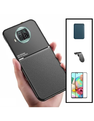 Kit Capa Magnetic Lux + Magnetic Wallet Azul + Vidro Full Cover + Suporte Magnético L para Xiaomi Redmi Note 9 Pro 5G