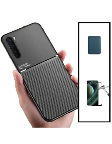 Kit Capa Magnetic Lux + Magnetic Wallet Azul + Vidro Full Cover para Oppo A91