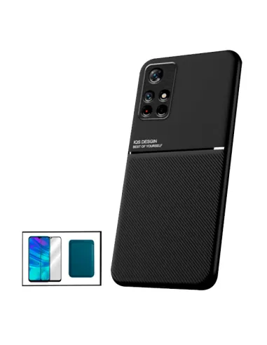 Kit Capa Magnetic Lux + Magnetic Wallet azul + Vidro Full Cover para Xiaomi Poco M4 Pro 5G