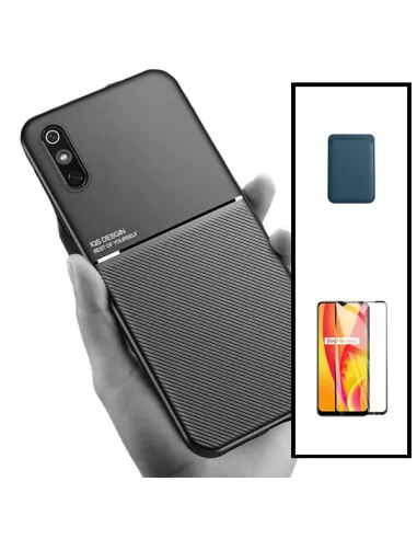 Kit Capa Magnetic Lux + Magnetic Wallet Azul + Vidro Full Cover para Xiaomi Redmi 9A