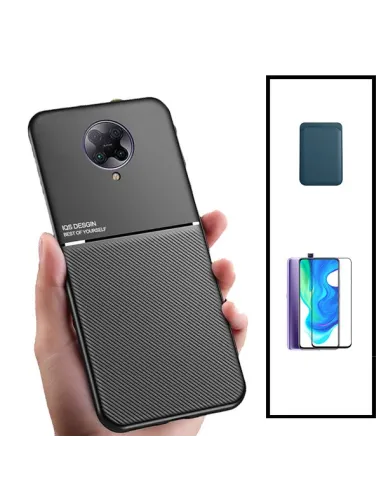 Kit Capa Magnetic Lux + Magnetic Wallet Azul + Vidro Full Cover para Xiaomi Redmi K30 Pro