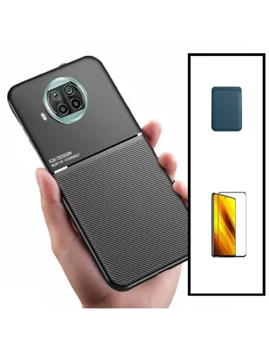 Kit Capa Magnetic Lux + Magnetic Wallet Azul + Vidro Full Cover para Xiaomi Redmi Note 9 Pro 5G