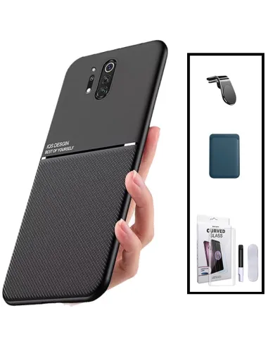 Kit Capa Magnetic Lux + Magnetic Wallet Azul + Película Curved UV + Suporte Magnético L para OnePlus 8 Pro