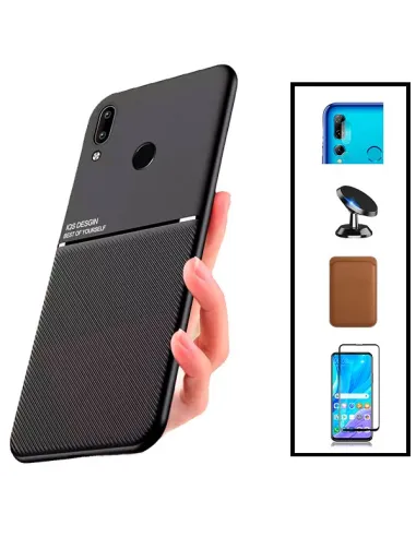 Kit Capa Magnetic Lux + Magn Wallet Castanho + Vidro + Película de Câmara + Suporte Magnético para Huawei P Smart Plus 2019