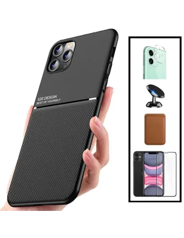 Kit Capa Magnetic Lux + Magn Wallet Castanho + Vidro + Película de Câmara + Suporte Magnético para iPhone 11