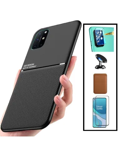 Kit Capa Magnetic Lux + Magn Wallet Castanho + Vidro + Película de Câmara + Suporte Magnético para OnePlus 8T