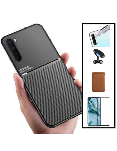 Kit Capa Magnetic Lux + Magn Wallet Castanho + Vidro + Película de Câmara + Suporte Magnético para OnePlus Nord