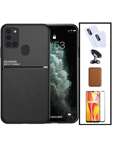 Kit Capa Magnetic Lux + Magn Wallet Castanho + Vidro + Película de Câmara + Suporte Magnético para Samsung Galaxy M21