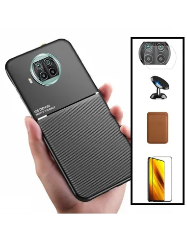 Kit Capa Magnetic Lux + Magn Wallet Castanho + Vidro + Película de Câmara + Suporte Magnético para Xiaomi Mi 10i