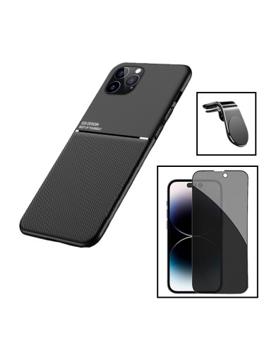 Kit Capa Magnetic Lux + Anti-Spy 5D Full Cover + Suporte Magnético L Safe Driving para Apple iPhone 15 Pro Max - Preto