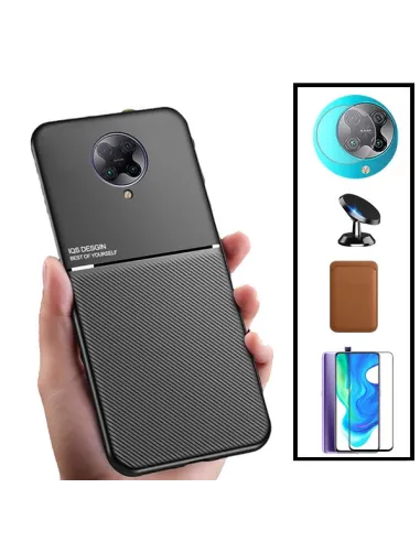 Kit Capa Magnetic Lux + Magn Wallet Castanho + Vidro + Película de Câmara + Suporte Magnético para Xiaomi Poco F2 Pro