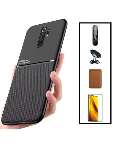 Kit Capa Magnetic Lux + Magn Wallet Castanho + Vidro + Película de Câmara + Suporte Magnético para Xiaomi Poco M2