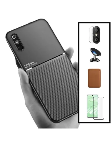 Kit Capa Magnetic Lux + Magn Wallet Castanho + Vidro + Película de Câmara + Suporte Magnético para Xiaomi Redmi 9A