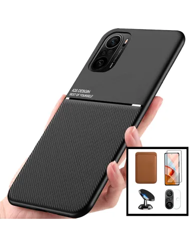 Kit Capa Magnetic Lux + Magn Wallet Castanho + Vidro + Película de Câmara + Suporte Magnético para Xiaomi Redmi K40 Pro