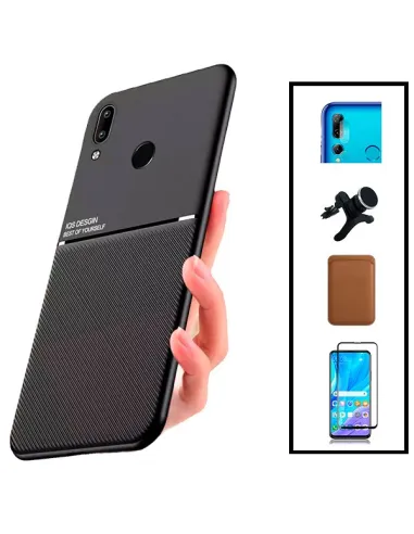 Kit Capa Magnetic Lux + Magn Wallet Castanho + Vidro + P. de Câmara + Sup Magn Reforçado para Huawei P Smart 2019