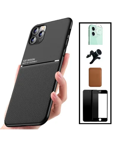 Kit Capa Magnetic Lux + Magn Wallet Castanho + Vidro + P. de Câmara + Sup Magn Reforçado para iPhone 11