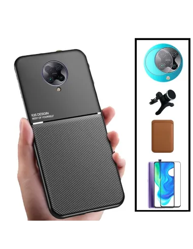 Kit Capa Magnetic Lux + Magn Wallet Castanho + Vidro + P. de Câmara + Sup Magn Reforçado para Xiaomi Poco F2 Pro