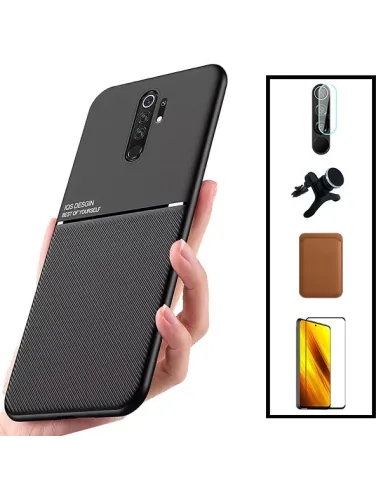 Kit Capa Magnetic Lux + Magn Wallet Castanho + Vidro + P. de Câmara + Sup Magn Reforçado para Xiaomi Poco M2