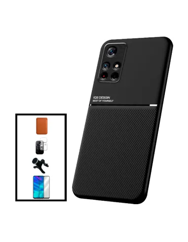 Kit Capa Magnetic Lux + Magn Wallet Castanho + Vidro + P. de Câmara + Sup Magn Reforçado para Xiaomi Poco M4 Pro 5G