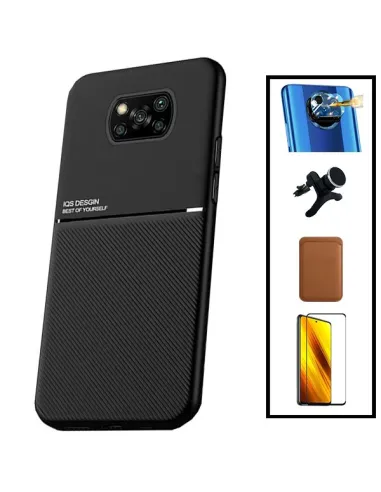 Kit Capa Magnetic Lux + Magn Wallet Castanho + Vidro + P. de Câmara + Sup Magn Reforçado para Xiaomi Poco X3