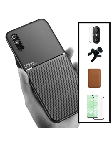 Kit Capa Magnetic Lux + Magn Wallet Castanho + Vidro + P. de Câmara + Sup Magn Reforçado para Xiaomi Redmi 9A