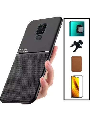 Kit Capa Magnetic Lux + Magn Wallet Castanho + Vidro + P. de Câmara + Sup Magn Reforçado para Xiaomi Redmi Note 9