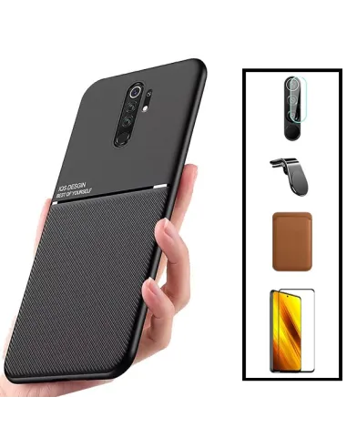 Kit Capa Magnetic Lux + Magn Wallet Castanho + Vidro + P de Câmara + Sup Magn L para Xiaomi Redmi 9