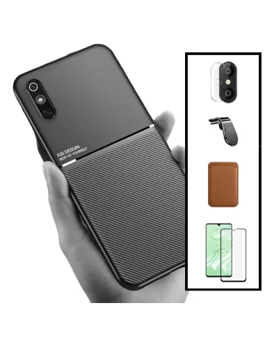 Kit Capa Magnetic Lux + Magn Wallet Castanho + Vidro + P de Câmara + Sup Magn L para Xiaomi Redmi 9A