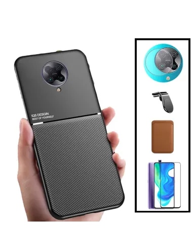 Kit Capa Magnetic Lux + Magn Wallet Castanho + Vidro + P de Câmara + Sup Magn L para Xiaomi Redmi K30 Pro