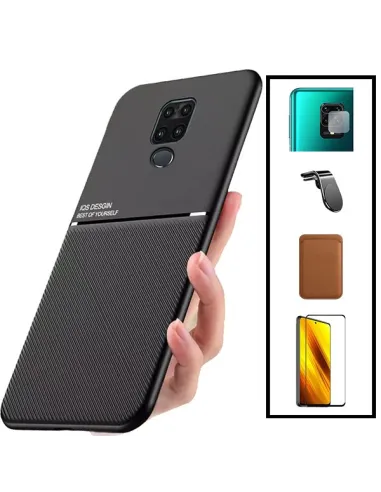 Kit Capa Magnetic Lux + Magn Wallet Castanho + Vidro + P de Câmara + Sup Magn L para Xiaomi Redmi Note 9