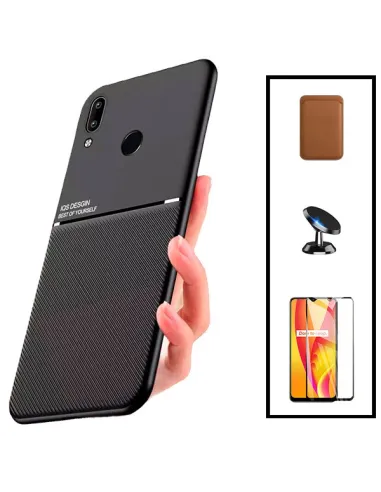 Kit Capa Magnetic Lux + Magnetic Wallet Castanho + Vidro Full Cover + Suporte Magnético para Huawei P Smart Plus 2019