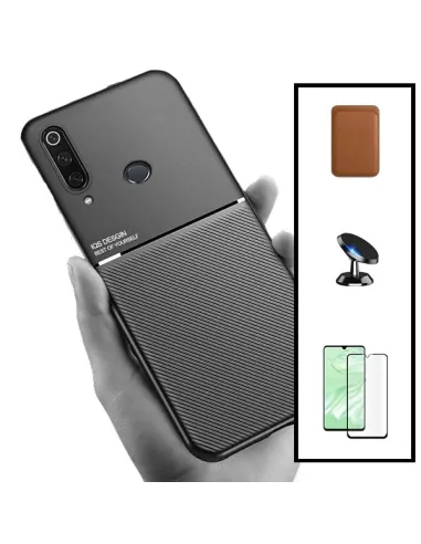 Kit Capa Magnetic Lux + Magnetic Wallet Castanho + Vidro Full Cover + Suporte Magnético para Huawei P30 Lite New Edition