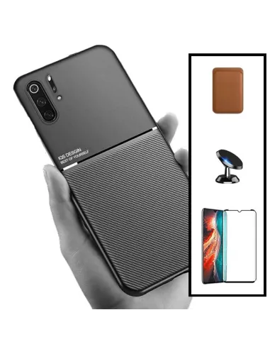 Kit Capa Magnetic Lux + Magnetic Wallet Castanho + Vidro Full Cover + Suporte Magnético para Huawei P30 Pro New Edition