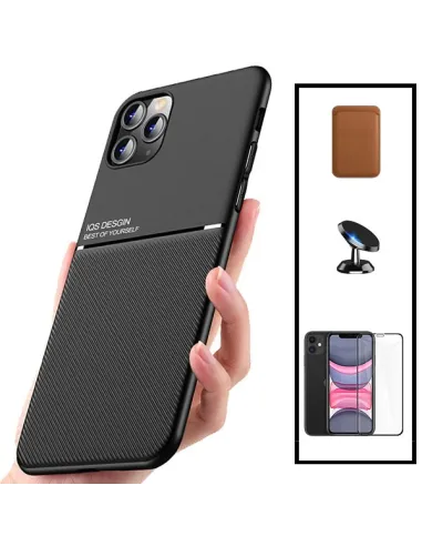 Kit Capa Magnetic Lux + Magnetic Wallet Castanho + Vidro Full Cover + Suporte Magnético para iPhone 11 Pro