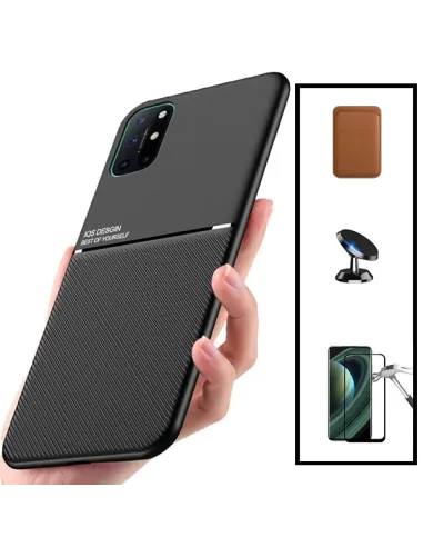 Kit Capa Magnetic Lux + Magnetic Wallet Castanho + Vidro Full Cover + Suporte Magnético para OnePlus 8T