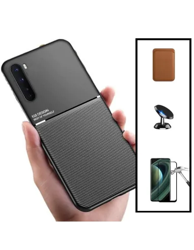 Kit Capa Magnetic Lux + Magnetic Wallet Castanho + Vidro Full Cover + Suporte Magnético para Oppo A91