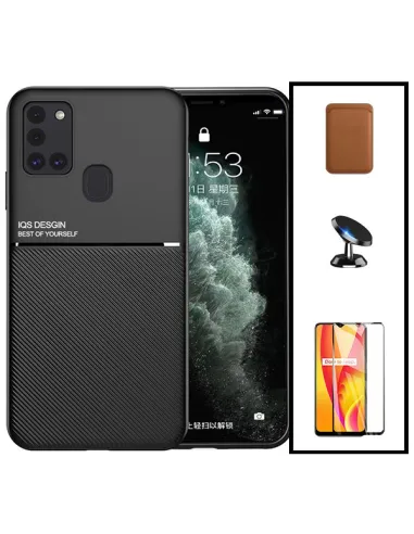 Kit Capa Magnetic Lux + Magnetic Wallet Castanho + Vidro Full Cover + Suporte Magnético para Samsung Galaxy M21